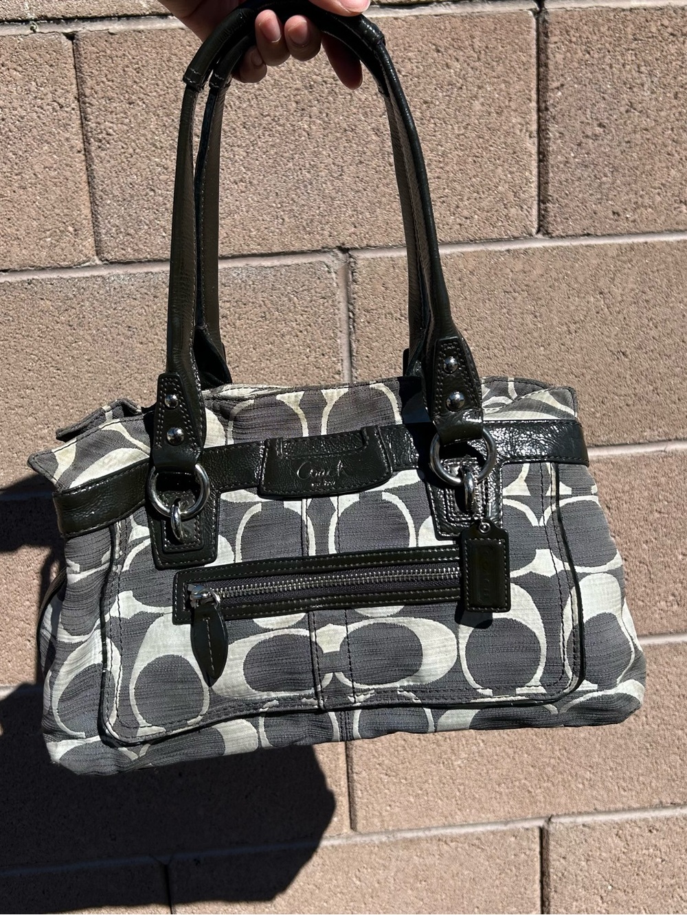 Coach Gray Signature Canvas Shoulder Bag with Black Trim